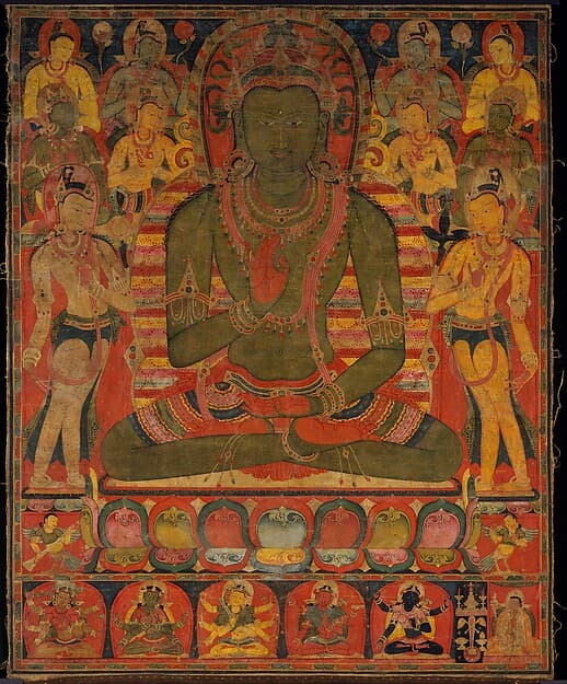 Buddha Amoghasiddhi with Eight Bodhisattvas, open-access thangka reference image for a Rebgong thangka article.