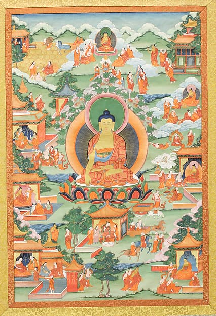 Thangka with Buddha Seated on Lotus Pedestal, open-access thangka reference image for a Rebgong thangka article.