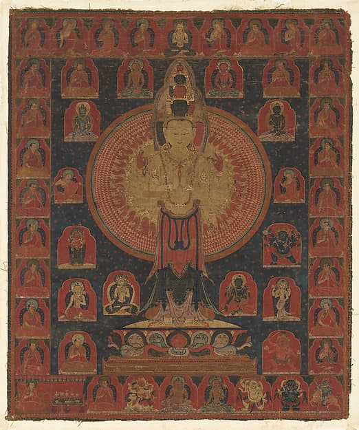 Thousand-Armed Chenresi, a Cosmic Form of the Bodhisattva Avalokiteshvara, open-access thangka reference image for a Rebgong thangka article.
