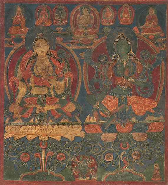 White Tara and Green Tara, open-access thangka reference image for a Rebgong thangka article.