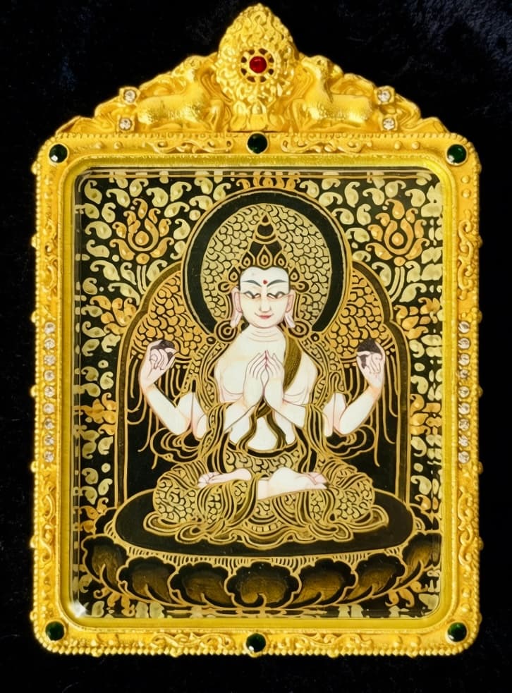 Four-Arm Chenrezig Miniature Thangka Pendant